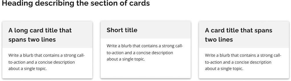 An example of three cards that have different header colours. This creates an inconsistency and makes one card stand out from the others in a set.