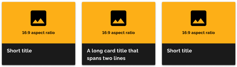 An example of three cards that have different header colours. This creates an inconsistency and makes one card stand out from the others in a set.