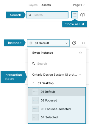 Screenshot of the search bar and ‘Show as’ function in the left sidebar, as well as interaction states in the right sidebar.
