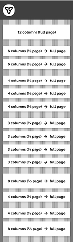 Image showing 12 columns, indicating grid options to implement for mobile screens. Options displayed are: full 12 columns, two containers of six columns, three containers of four columns, four containers of three columns, eight columns and four columns, or four columns and eight columns.