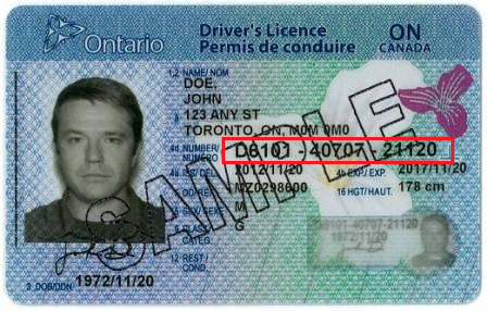 Sample of an Ontario Driver´s Licence indicating the location of the Driver´s Licence Number.