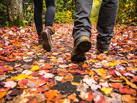 close up of boots walking through autumn leaves